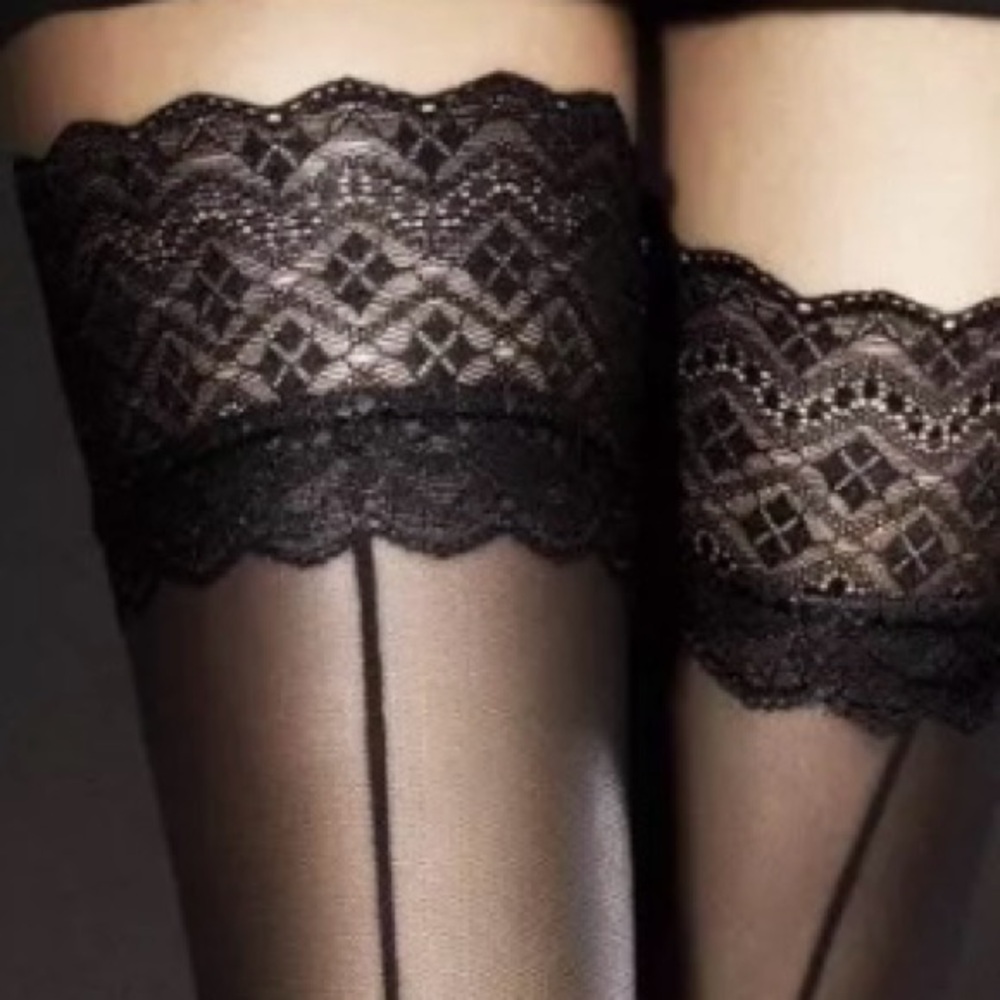 Thigh high stay ups black lace backseam pantyhose stockings burlesque lingerie